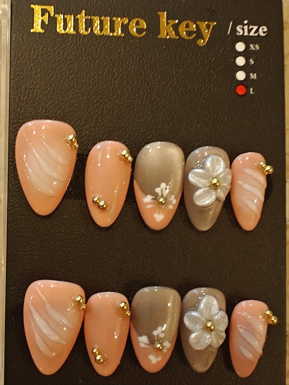 Peach & Taupe Press-On Nail Set with Floral Accent